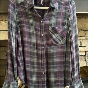 Free People Plaid Button Down Shirt - Purple and Gray